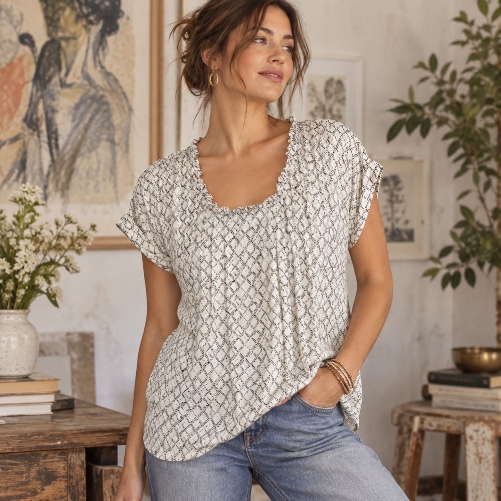 Lil for Anthropologie Sudden Downpour Silk Blouse Women's Sz 0 Small Ivory Black